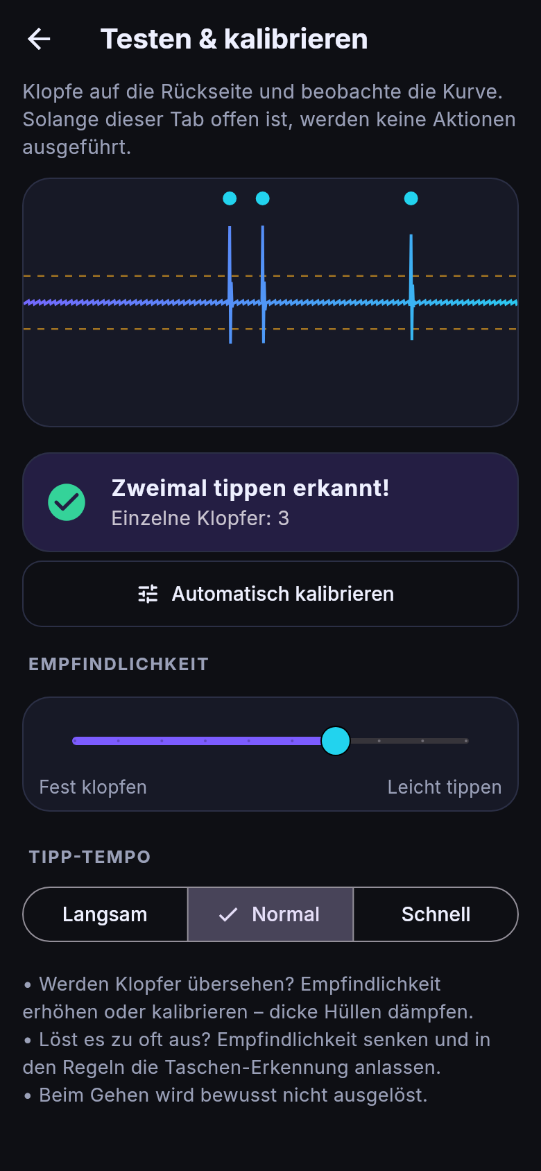 Kalibrier-Assistent mit Live-Sensorkurve, zwei erkannten Tipps und Reglern für Empfindlichkeit und Tipp-Tempo