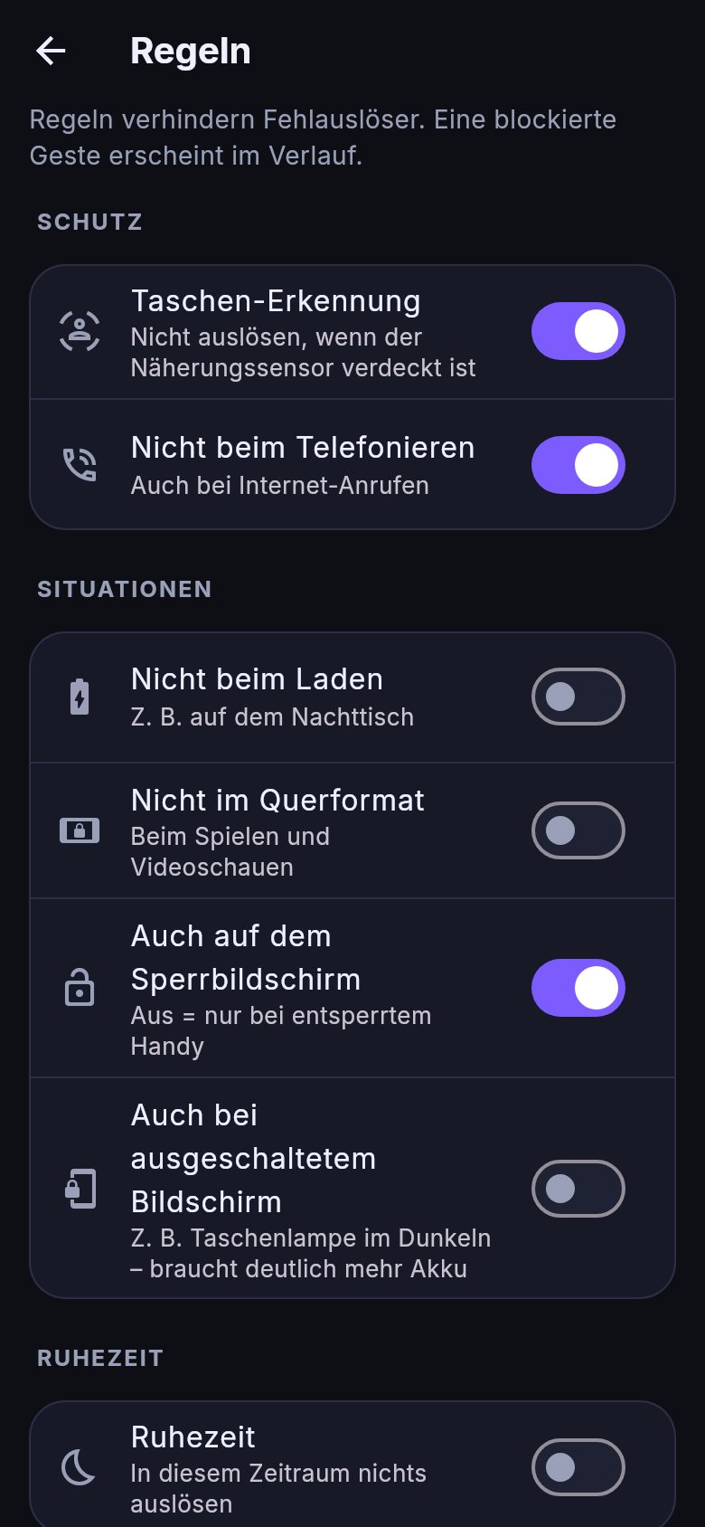 Schutz und Regeln: Taschen-Erkennung, Pause bei Telefonaten, dazu Laden, Querformat, Sperrbildschirm, Ruhezeit und Akku als Pro-Regeln