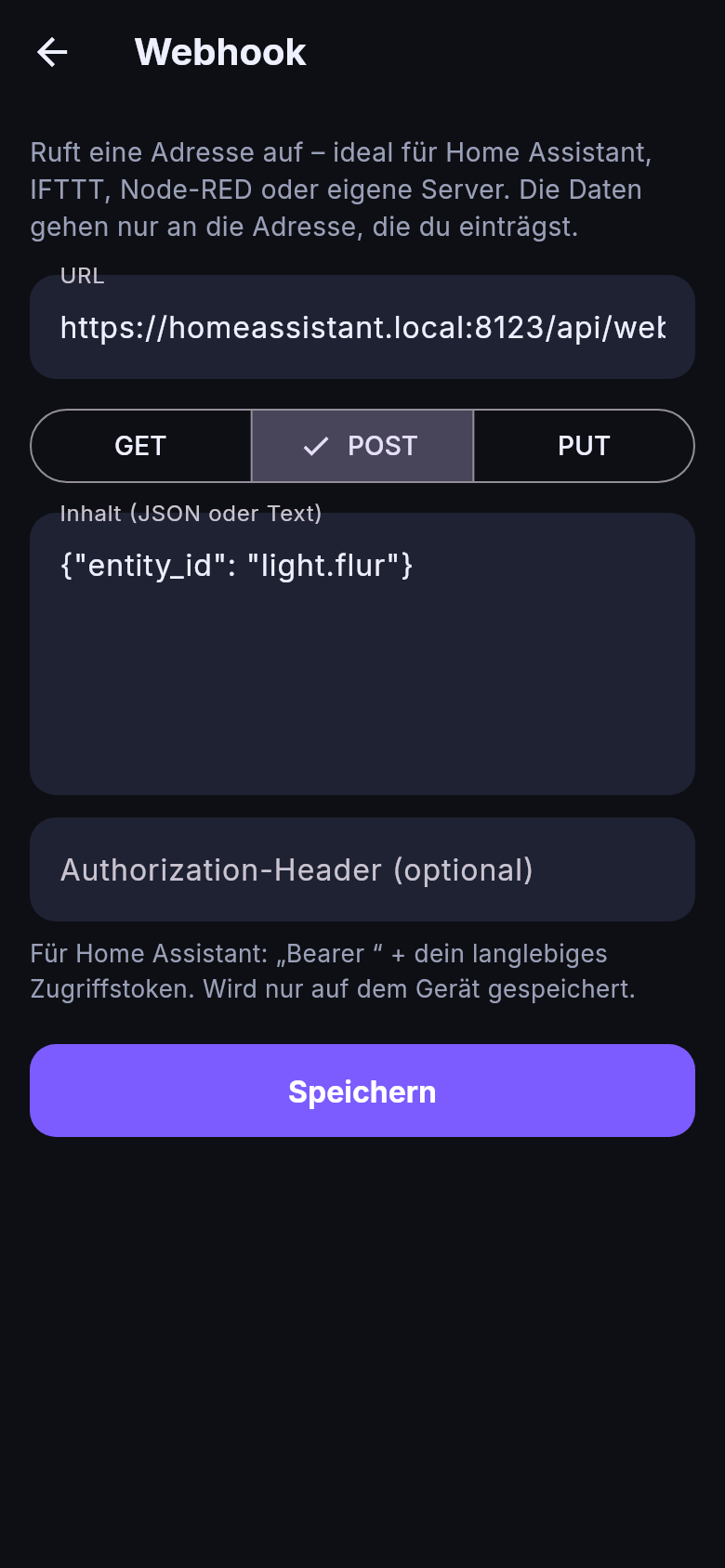 Webhook einrichten: Methode POST, URL eines Home-Assistant-Webhooks und JSON-Inhalt